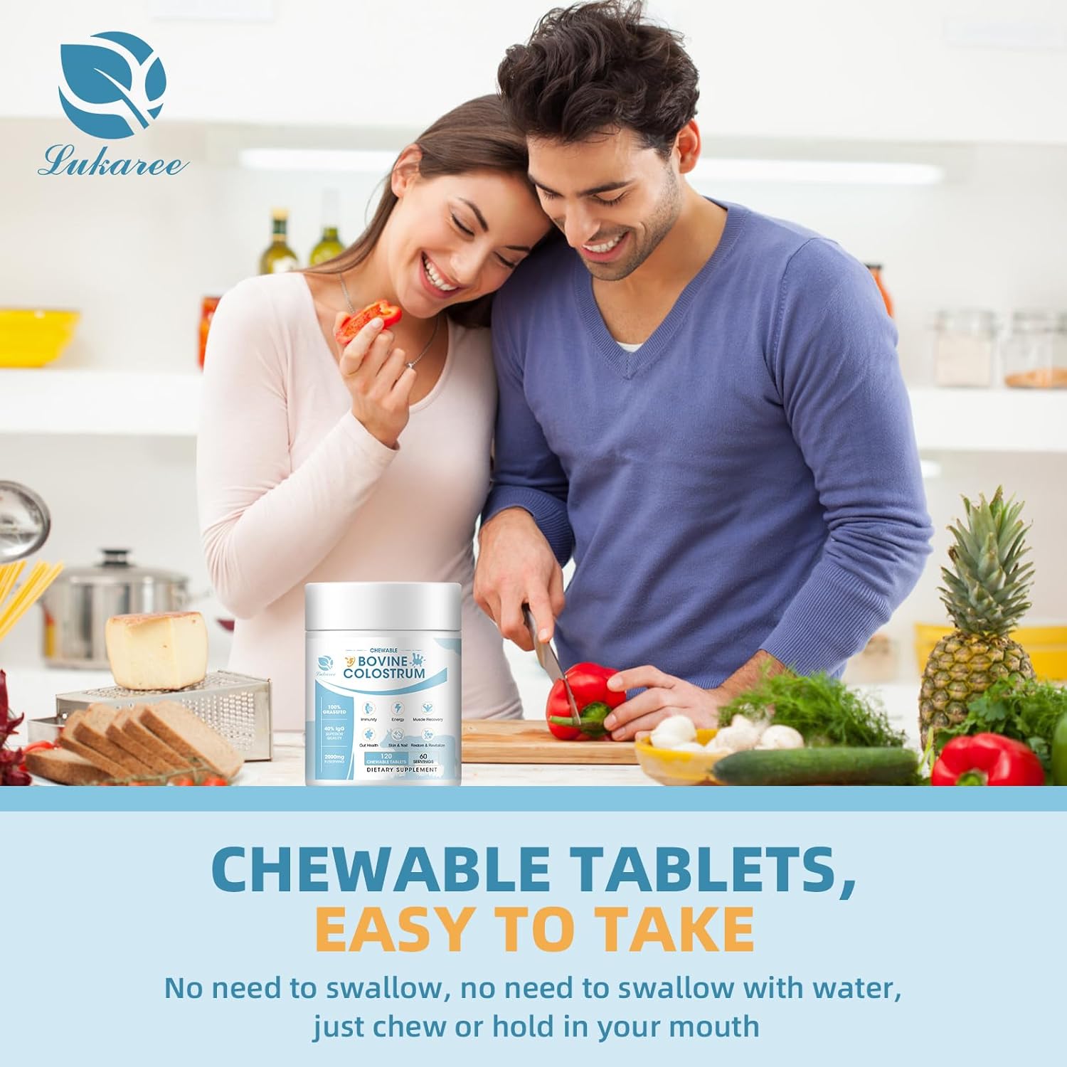 2000mg Bovine Colostrum Chewable Tablets - Gut Health and Immune Support Supplement with 40% lgG - Non-GMO, Gluten-Free, Sugar Free - 60 Servings