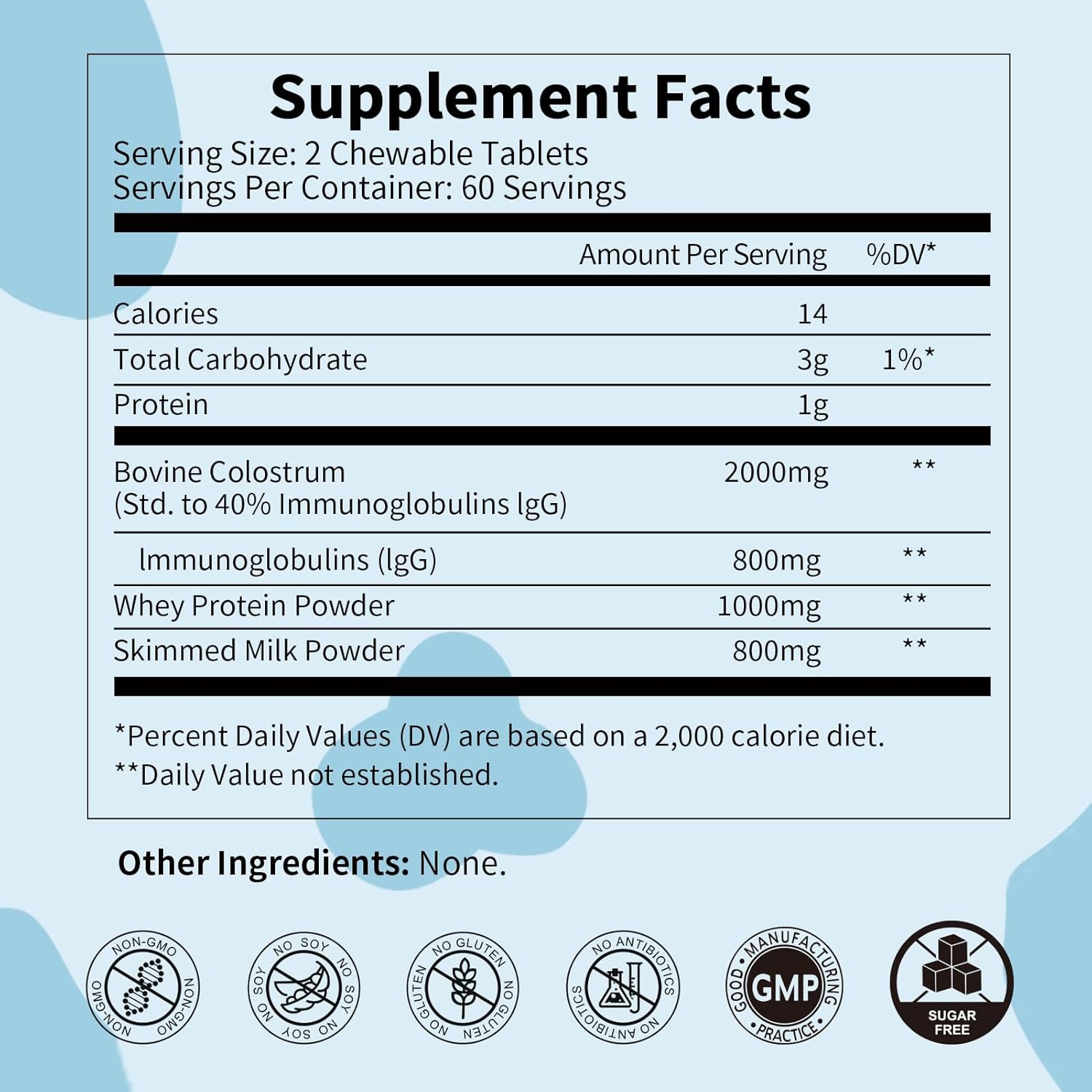 2000mg Bovine Colostrum Chewable Tablets - Gut Health and Immune Support Supplement with 40% lgG - Non-GMO, Gluten-Free, Sugar Free - 60 Servings