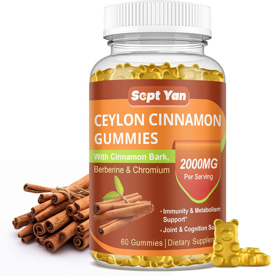 2000mg Ceylon Cinnamon Gummies with Berberine, Turmeric, Raspberry Flavor - Joint Pain, Metabolism, Brain Health, Immunity Support - 60 Vegan Chews