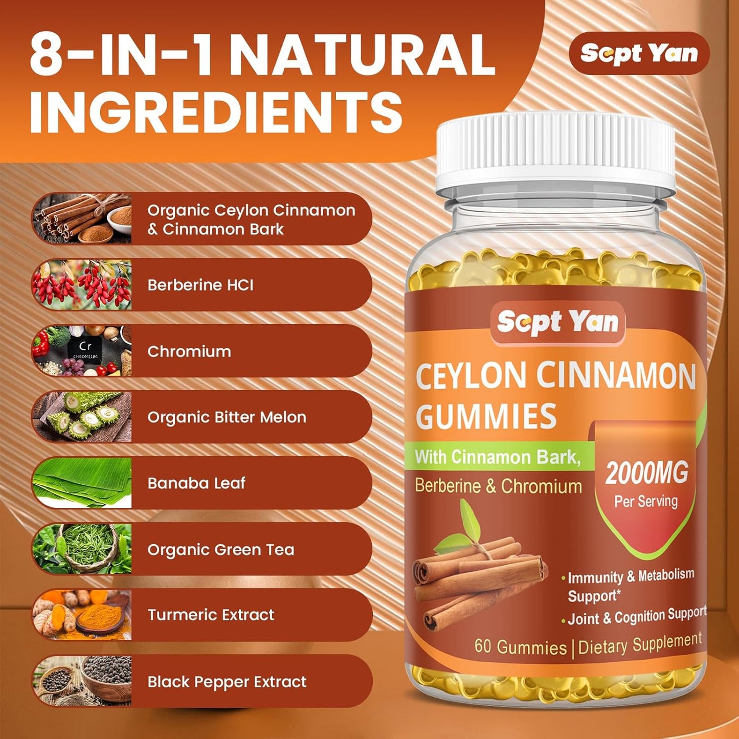 2000mg Ceylon Cinnamon Gummies with Berberine, Turmeric, Raspberry Flavor - Joint Pain, Metabolism, Brain Health, Immunity Support - 60 Vegan Chews