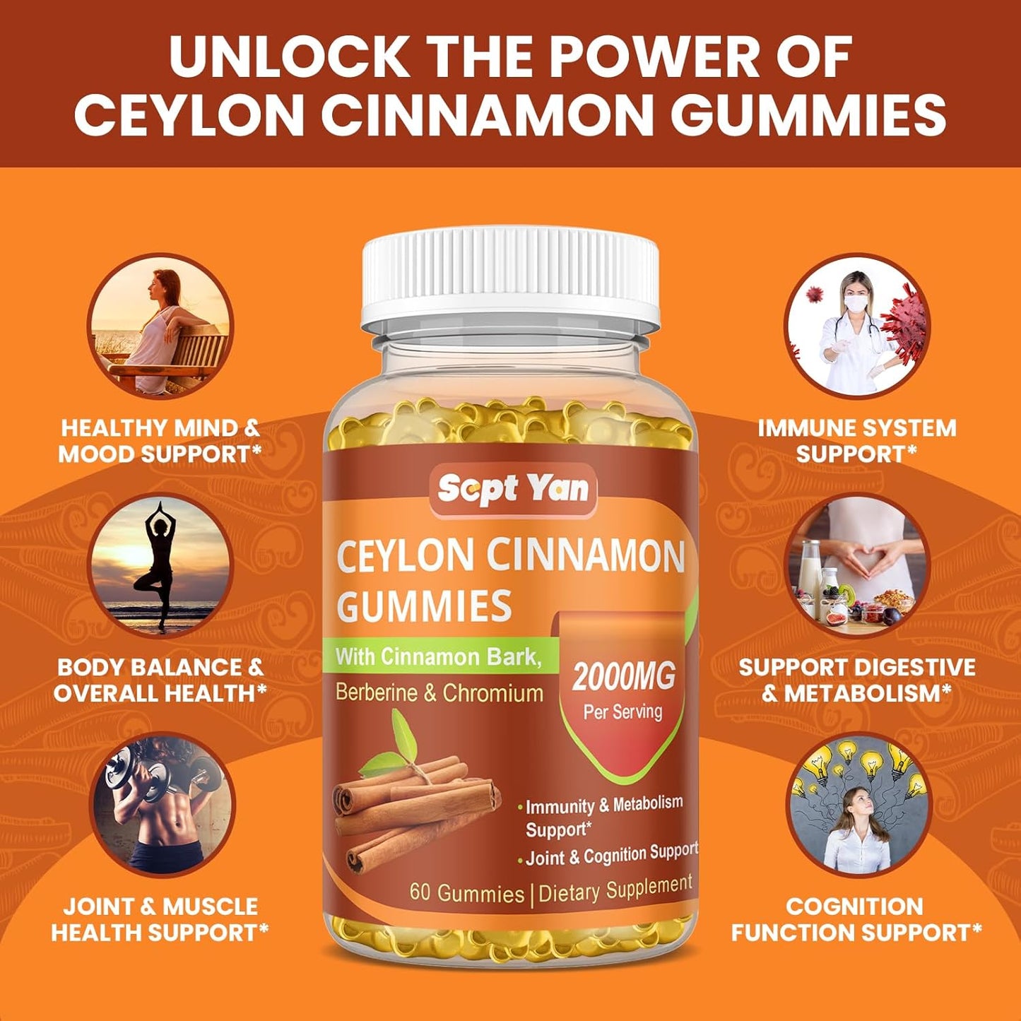 2000mg Ceylon Cinnamon Gummies with Berberine, Turmeric, Raspberry Flavor - Joint Pain, Metabolism, Brain Health, Immunity Support - 60 Vegan Chews