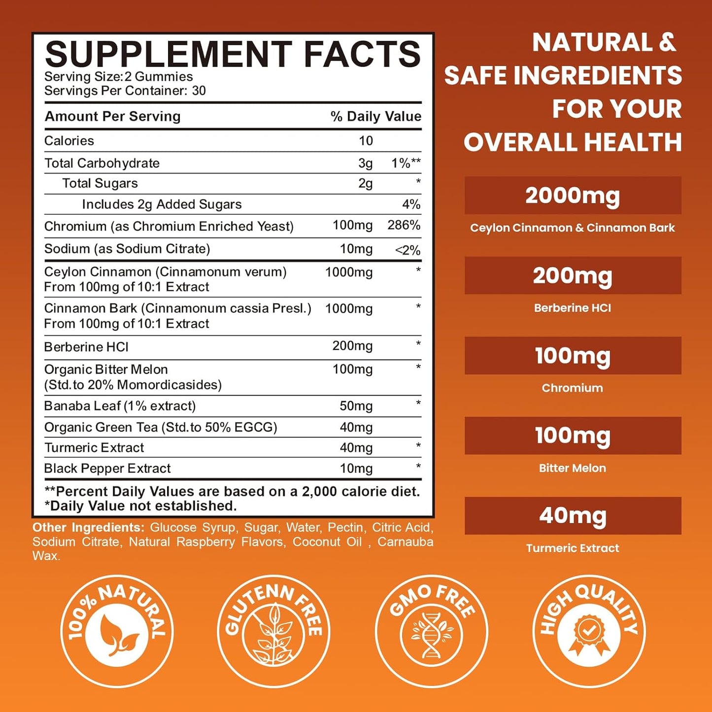 2000mg Ceylon Cinnamon Gummies with Berberine, Turmeric, Raspberry Flavor - Joint Pain, Metabolism, Brain Health, Immunity Support - 60 Vegan Chews