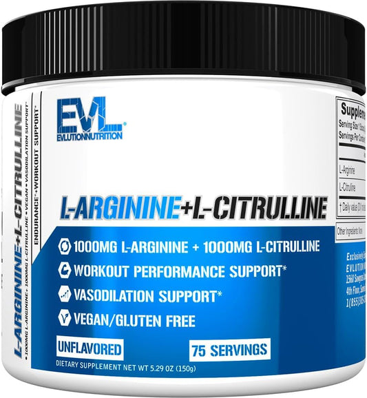 2000mg Evlution Nutrition L-Arginine + L-Citrulline Powder - Vegan Supplement for Endurance and Workout Performance - Nitric Oxide Support for Vasodilation - Gluten Free - 75 Servings