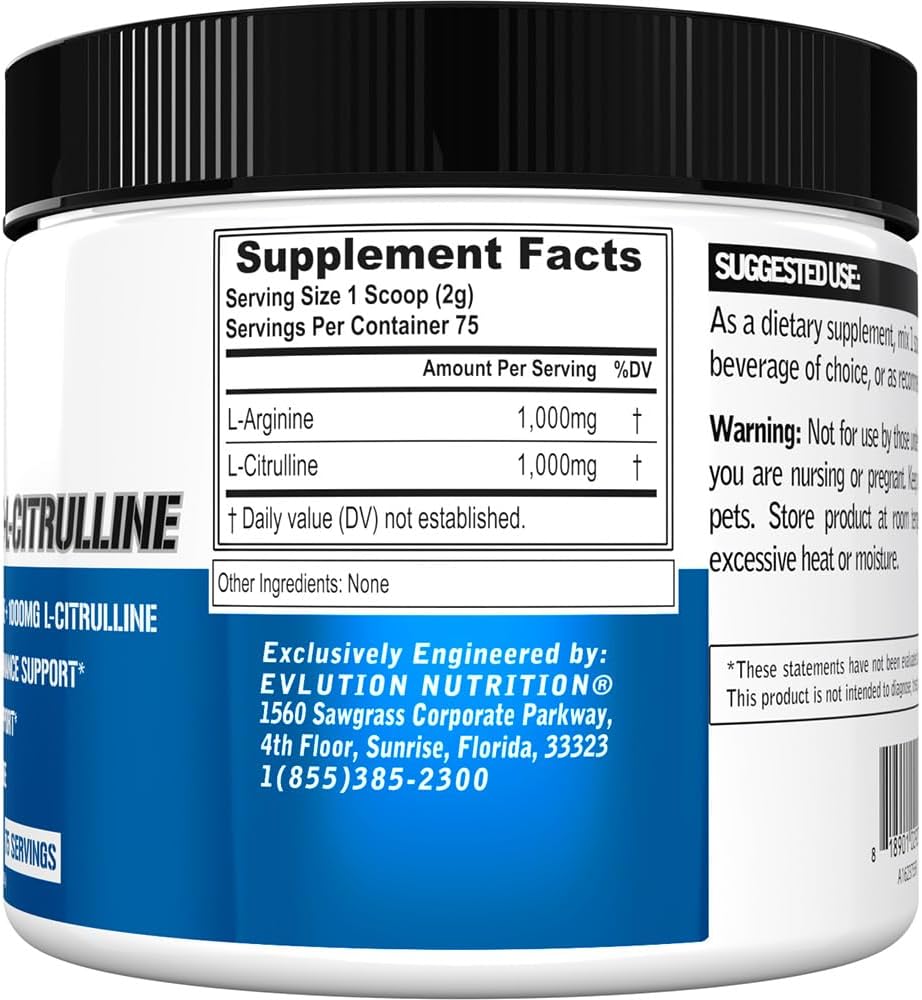 2000mg Evlution Nutrition L-Arginine + L-Citrulline Powder - Vegan Supplement for Endurance and Workout Performance - Nitric Oxide Support for Vasodilation - Gluten Free - 75 Servings