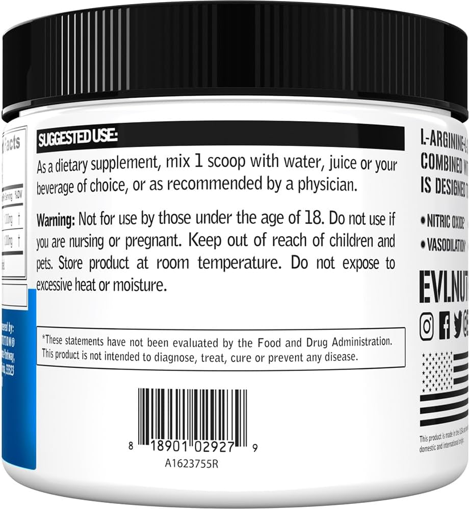 2000mg Evlution Nutrition L-Arginine + L-Citrulline Powder - Vegan Supplement for Endurance and Workout Performance - Nitric Oxide Support for Vasodilation - Gluten Free - 75 Servings
