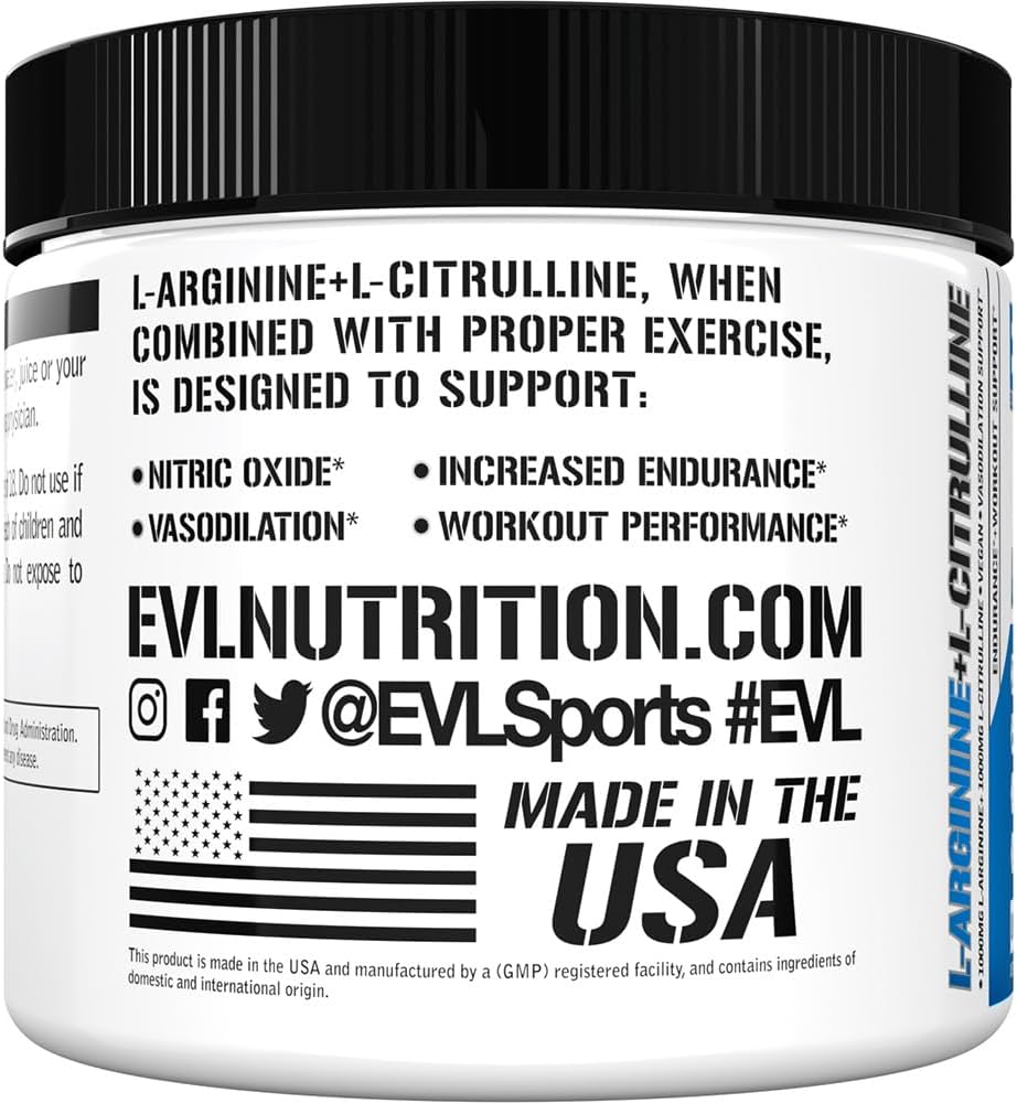 2000mg Evlution Nutrition L-Arginine + L-Citrulline Powder - Vegan Supplement for Endurance and Workout Performance - Nitric Oxide Support for Vasodilation - Gluten Free - 75 Servings