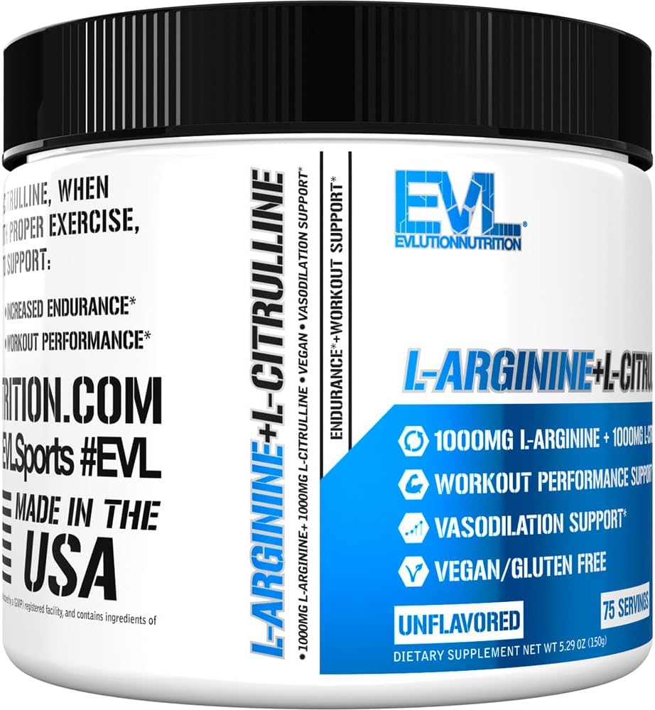 2000mg Evlution Nutrition L-Arginine + L-Citrulline Powder - Vegan Supplement for Endurance and Workout Performance - Nitric Oxide Support for Vasodilation - Gluten Free - 75 Servings
