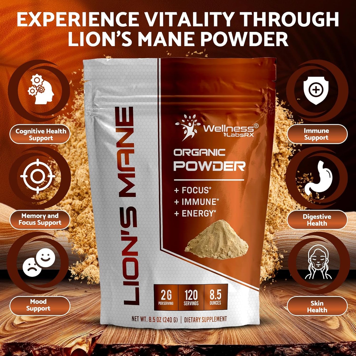2000mg Lions Mane Mushroom Powder Supplement for Memory, Focus, and Immune Support - 120 Servings from WELLNESS LABSRX