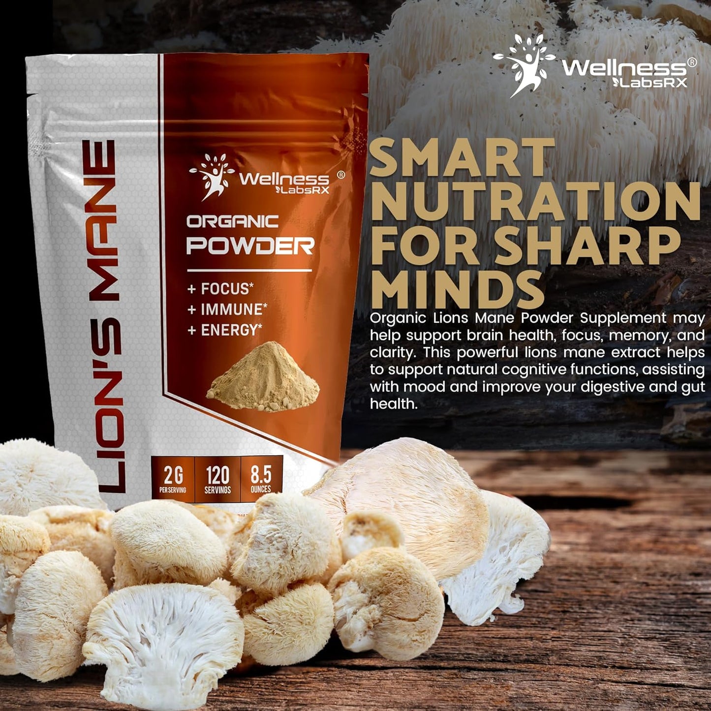 2000mg Lions Mane Mushroom Powder Supplement for Memory, Focus, and Immune Support - 120 Servings from WELLNESS LABSRX