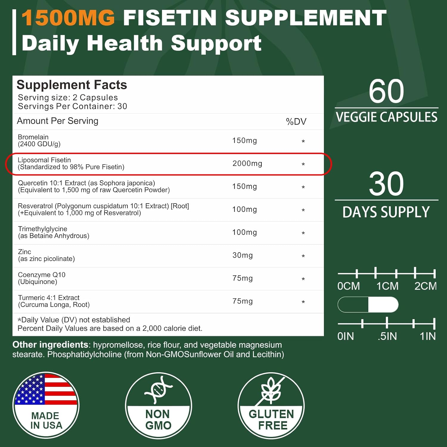 2000MG Liposomal Fisetin Supplement with Quercetin, TMG, Resveratrol - Antioxidants for Healthy Aging & Cognitive Support - 60 Capsules