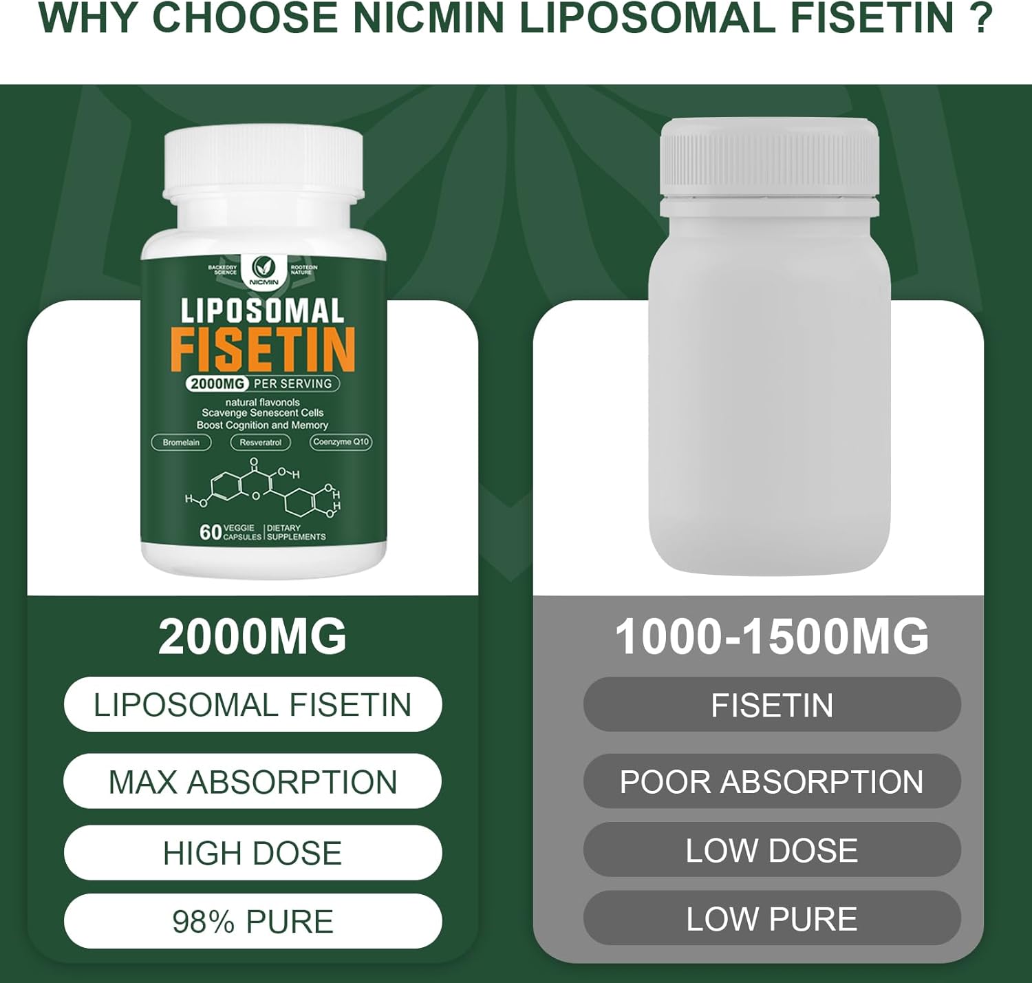 2000MG Liposomal Fisetin Supplement with Quercetin, TMG, Resveratrol - Antioxidants for Healthy Aging & Cognitive Support - 60 Capsules