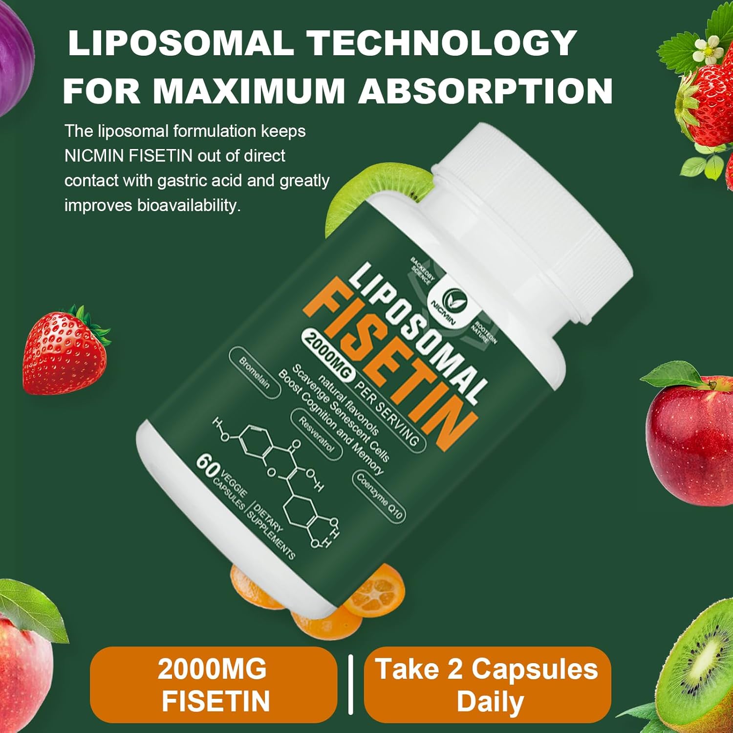 2000MG Liposomal Fisetin Supplement with Quercetin, TMG, Resveratrol - Antioxidants for Healthy Aging & Cognitive Support - 60 Capsules
