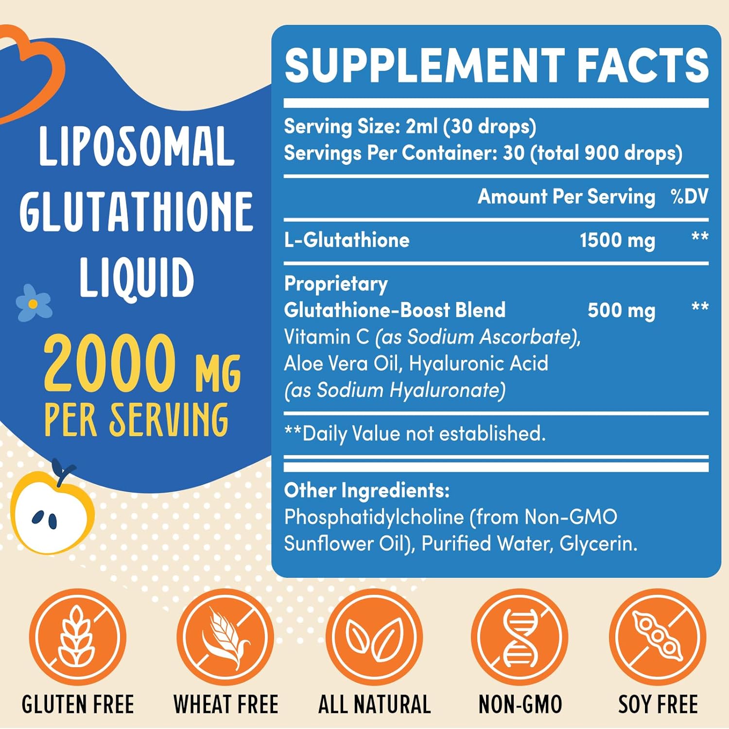 2000MG Liposomal Glutathione Liquid Supplement for Immune System Support, Aging Defense, and Detox - 2 FL.OZ, Non-GMO, Highly Absorbable Antioxidant Formula