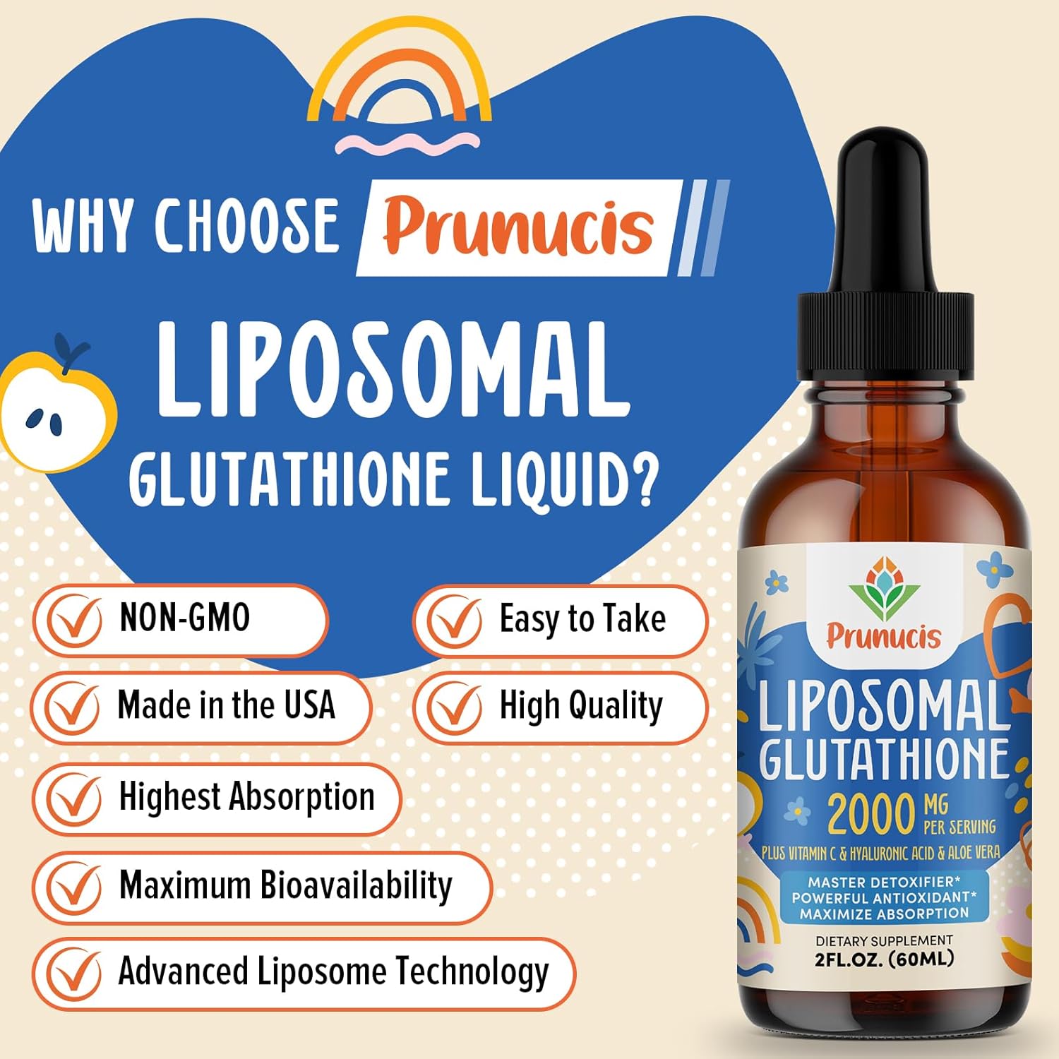 2000MG Liposomal Glutathione Liquid Supplement for Immune System Support, Aging Defense, and Detox - 2 FL.OZ, Non-GMO, Highly Absorbable Antioxidant Formula
