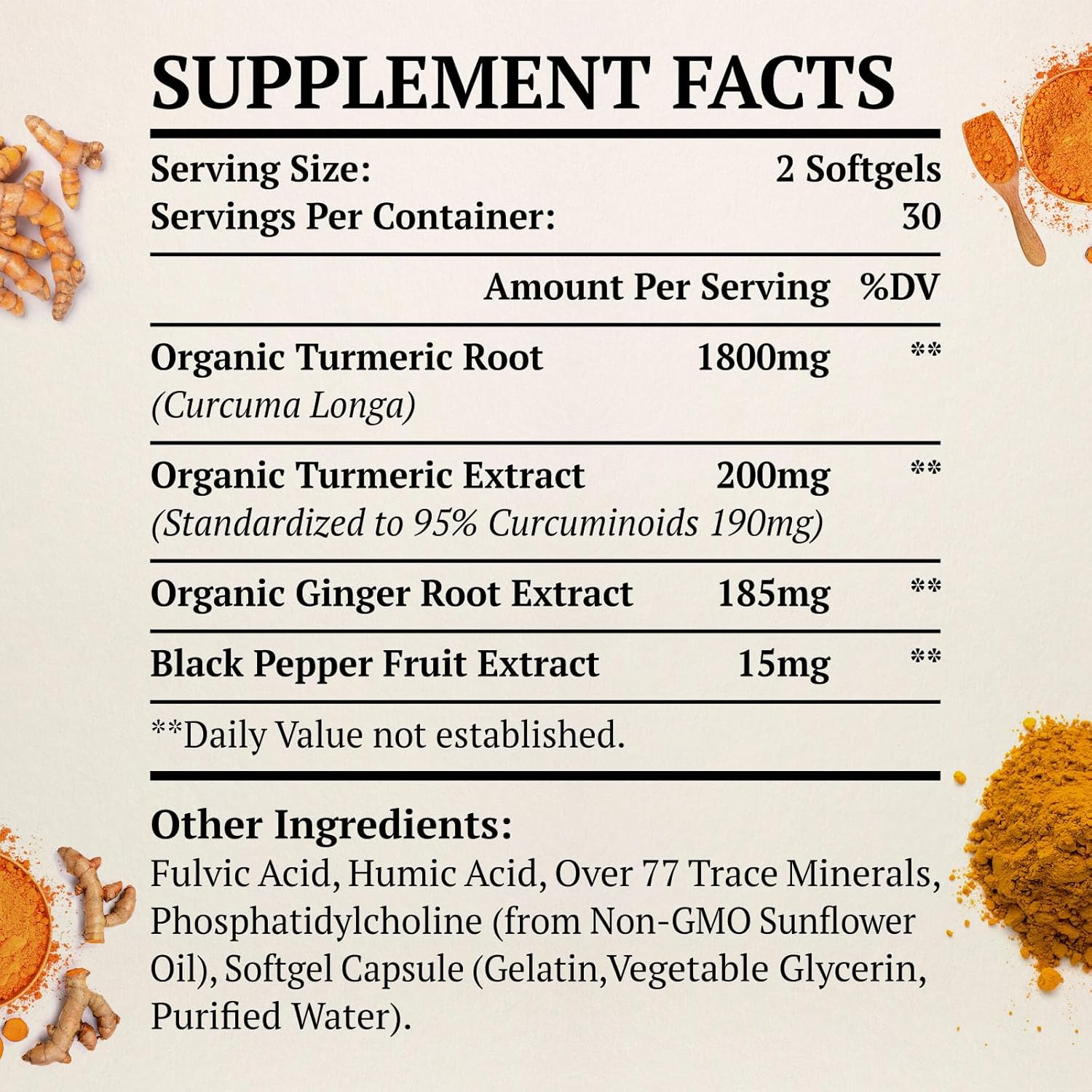 2000mg Liposomal Turmeric Curcumin Softgels with Piperine - Non-GMO, 60ct