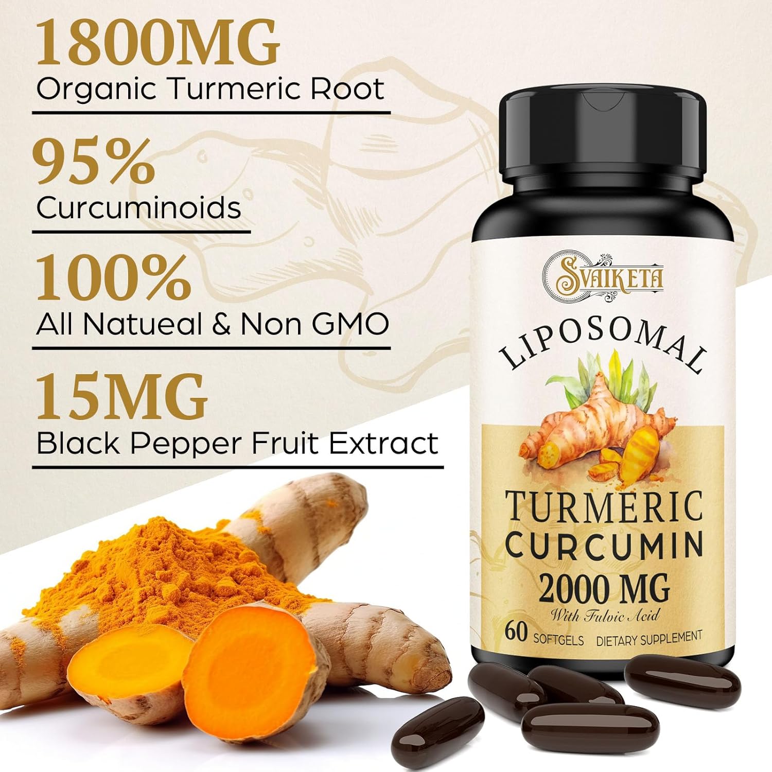 2000mg Liposomal Turmeric Curcumin Softgels with Piperine - Non-GMO, 60ct