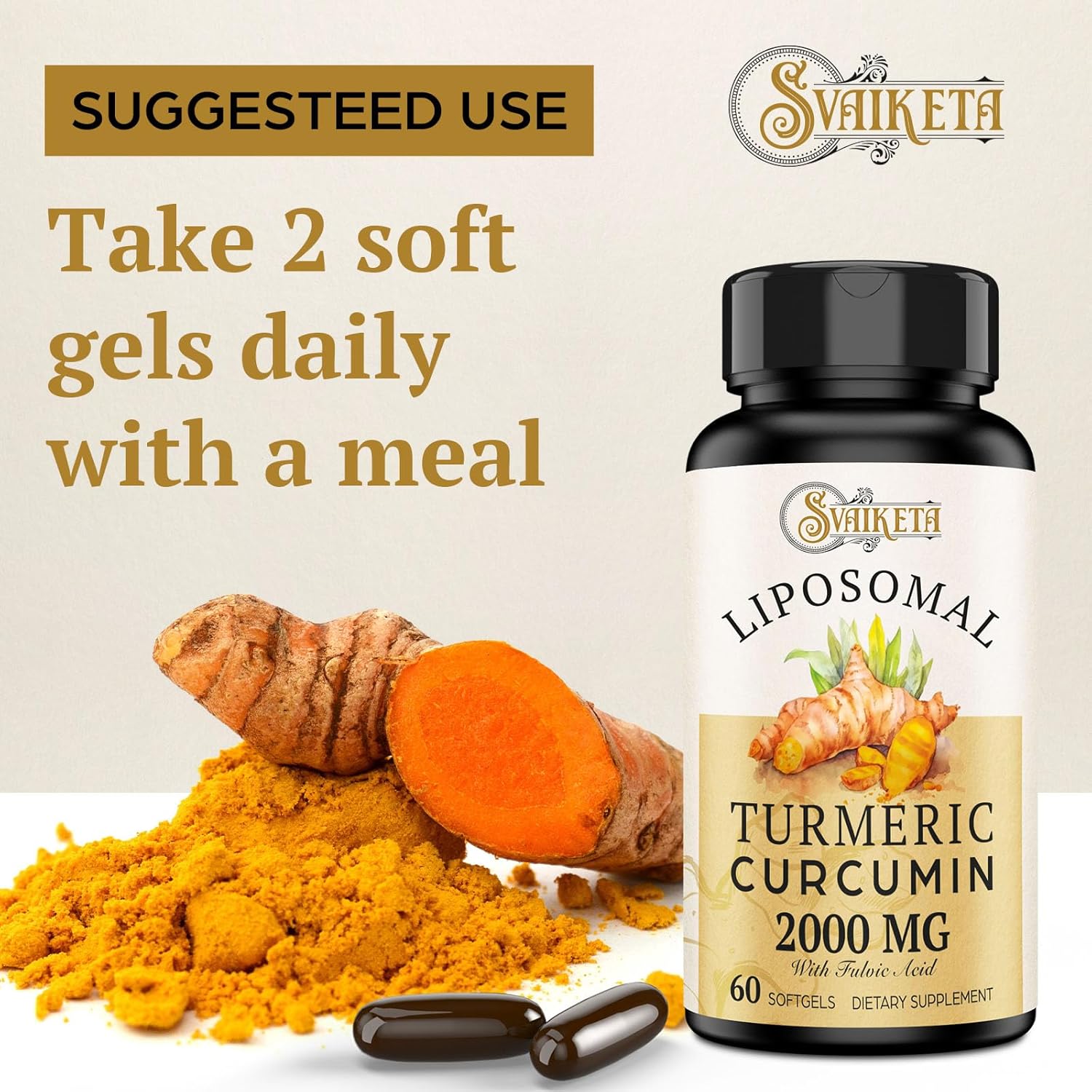2000mg Liposomal Turmeric Curcumin Softgels with Piperine - Non-GMO, 60ct