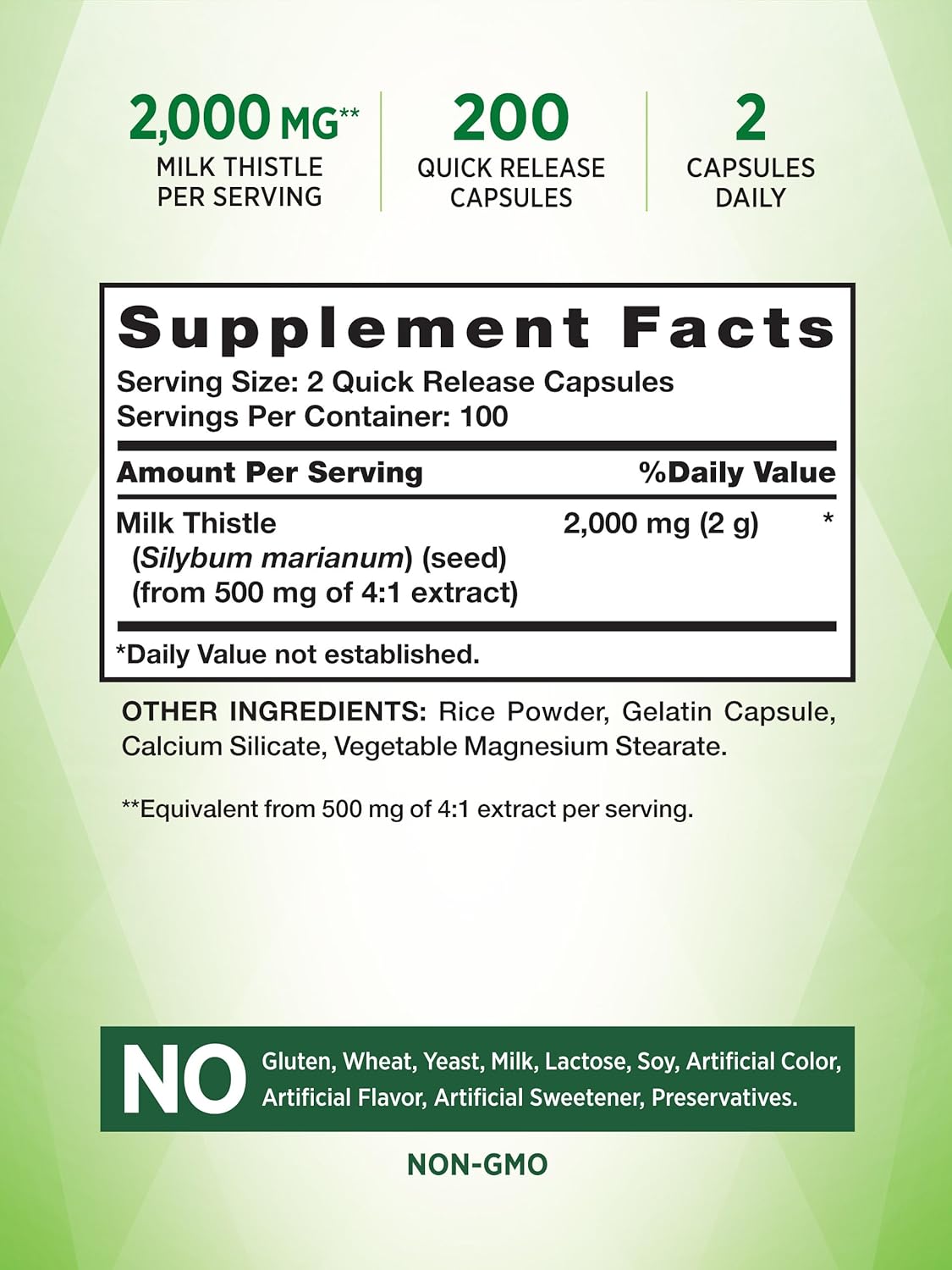 2000mg Milk Thistle Capsules - Non-GMO & Gluten Free Seed Extract Supplement