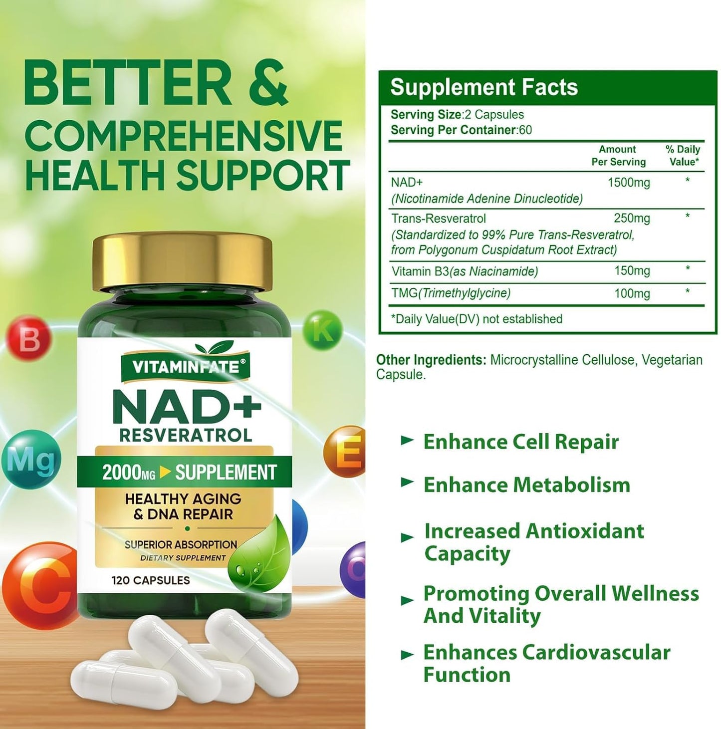 2000mg NAD+ & Resveratrol Capsules for Anti-Aging & Energy Boost - 120 Count - Men & Women's Metabolism & Antioxidant Support