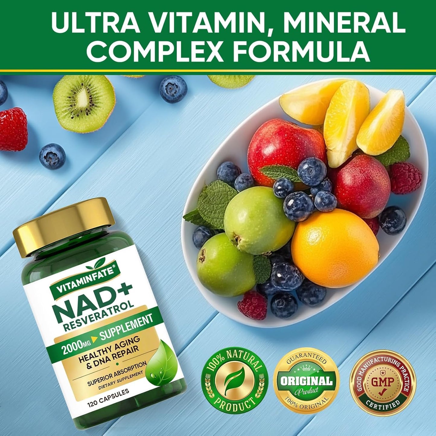2000mg NAD+ & Resveratrol Capsules for Anti-Aging & Energy Boost - 120 Count - Men & Women's Metabolism & Antioxidant Support