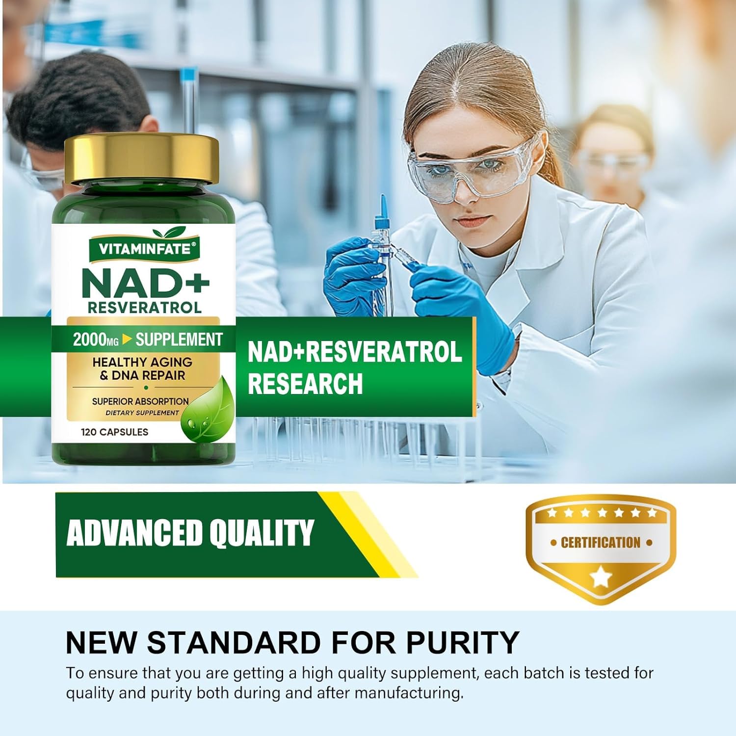 2000mg NAD+ & Resveratrol Capsules for Anti-Aging & Energy Boost - 120 Count - Men & Women's Metabolism & Antioxidant Support