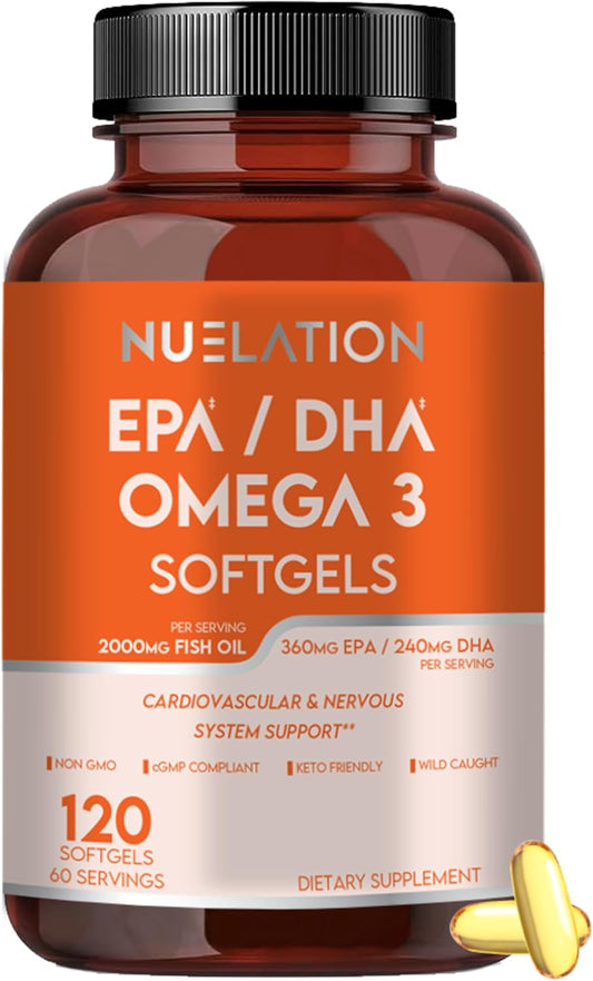 2000mg Omega 3 Fish Oil Supplements for Heart, Brain, Cardiovascular Support - Non-GMO, Gluten-Free, Keto - 60 Servings, 120 Softgels