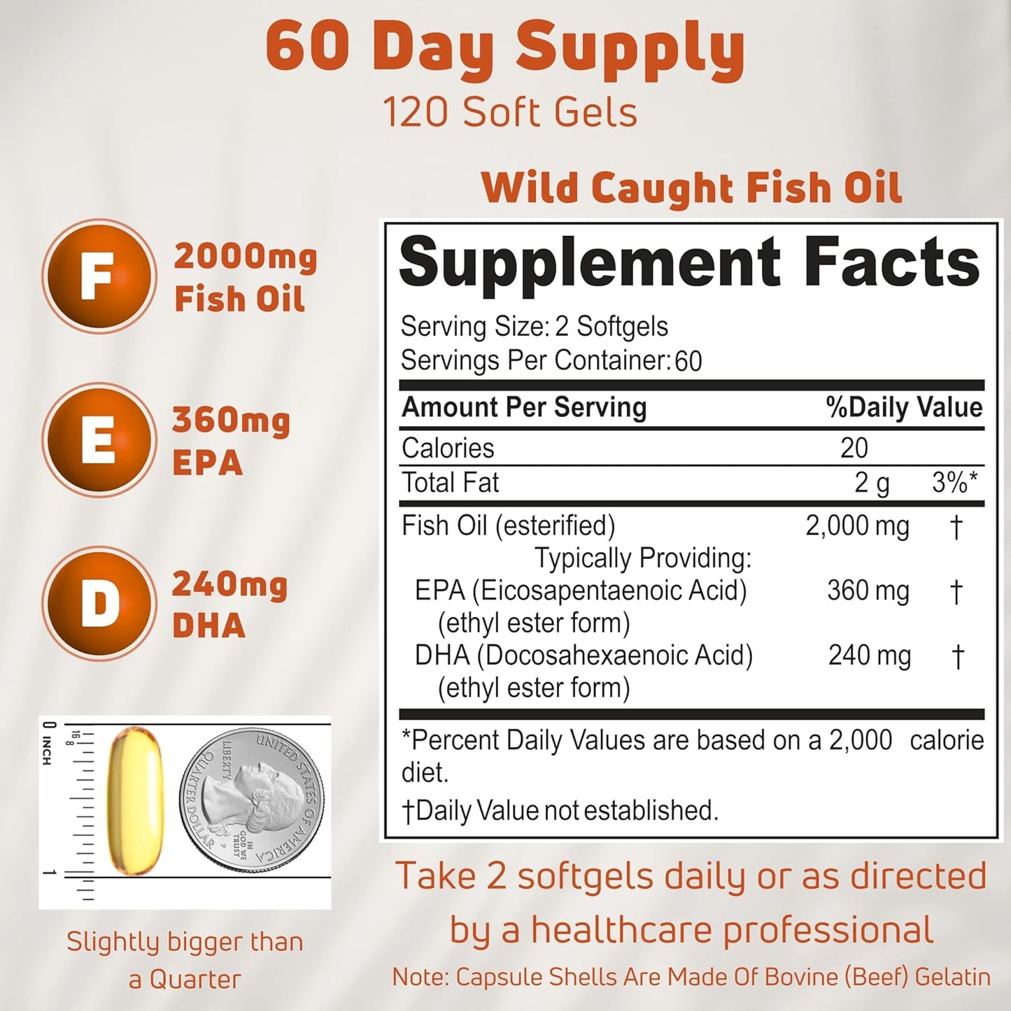 2000mg Omega 3 Fish Oil Supplements for Heart, Brain, Cardiovascular Support - Non-GMO, Gluten-Free, Keto - 60 Servings, 120 Softgels
