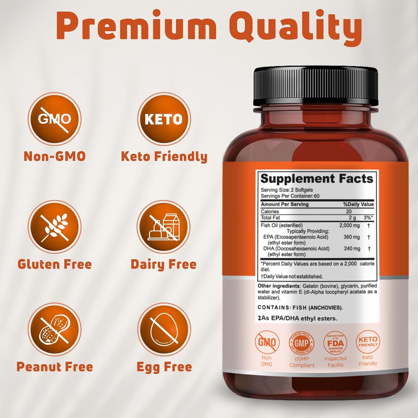 2000mg Omega 3 Fish Oil Supplements for Heart, Brain, Cardiovascular Support - Non-GMO, Gluten-Free, Keto - 60 Servings, 120 Softgels