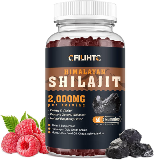 2000mg Organic Shilajit Gummies with 85+ Trace Minerals - Ashwagandha, Maca, Black Seed Oil - Energy, Brain, Immunity Support - Sugar Free Raspberry - 60ct