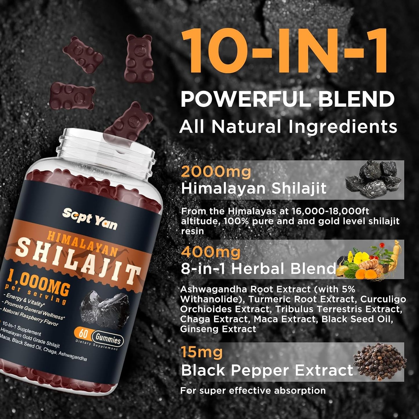 2000mg Organic Shilajit Gummies with 85+ Trace Minerals - Ashwagandha, Maca, Black Seed Oil - Energy, Brain, Immunity Support - Sugar Free Raspberry - 60ct
