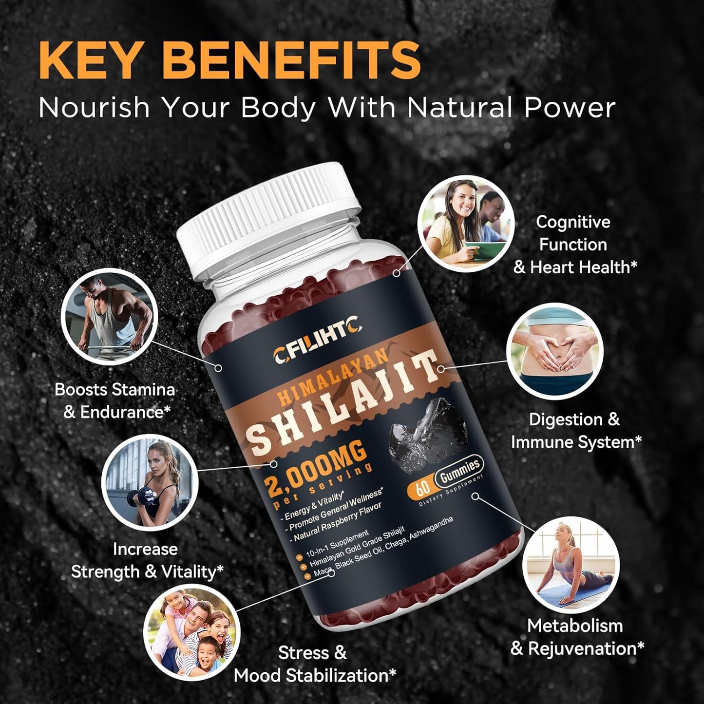 2000mg Organic Shilajit Gummies with 85+ Trace Minerals - Ashwagandha, Maca, Black Seed Oil - Energy, Brain, Immunity Support - Sugar Free Raspberry - 60ct