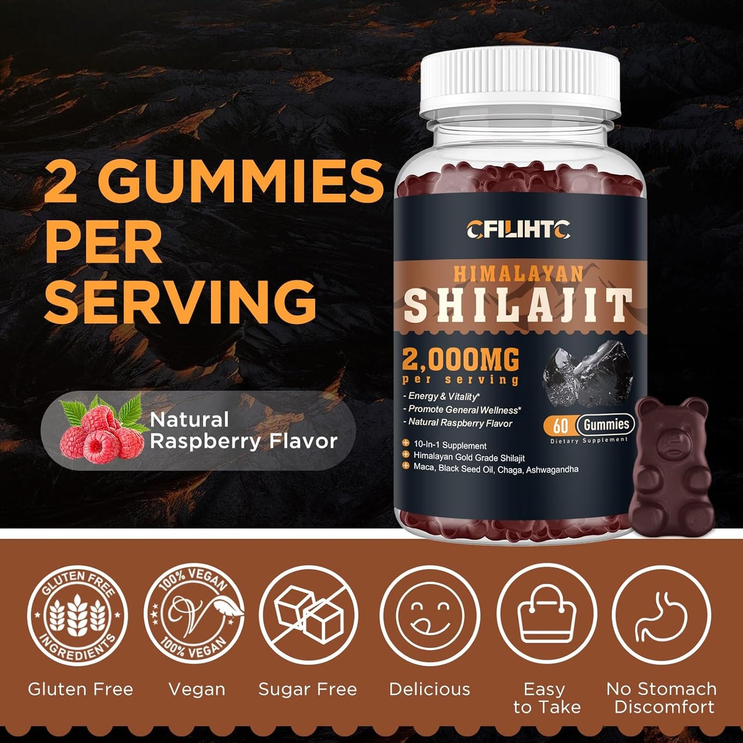 2000mg Organic Shilajit Gummies with 85+ Trace Minerals - Ashwagandha, Maca, Black Seed Oil - Energy, Brain, Immunity Support - Sugar Free Raspberry - 60ct