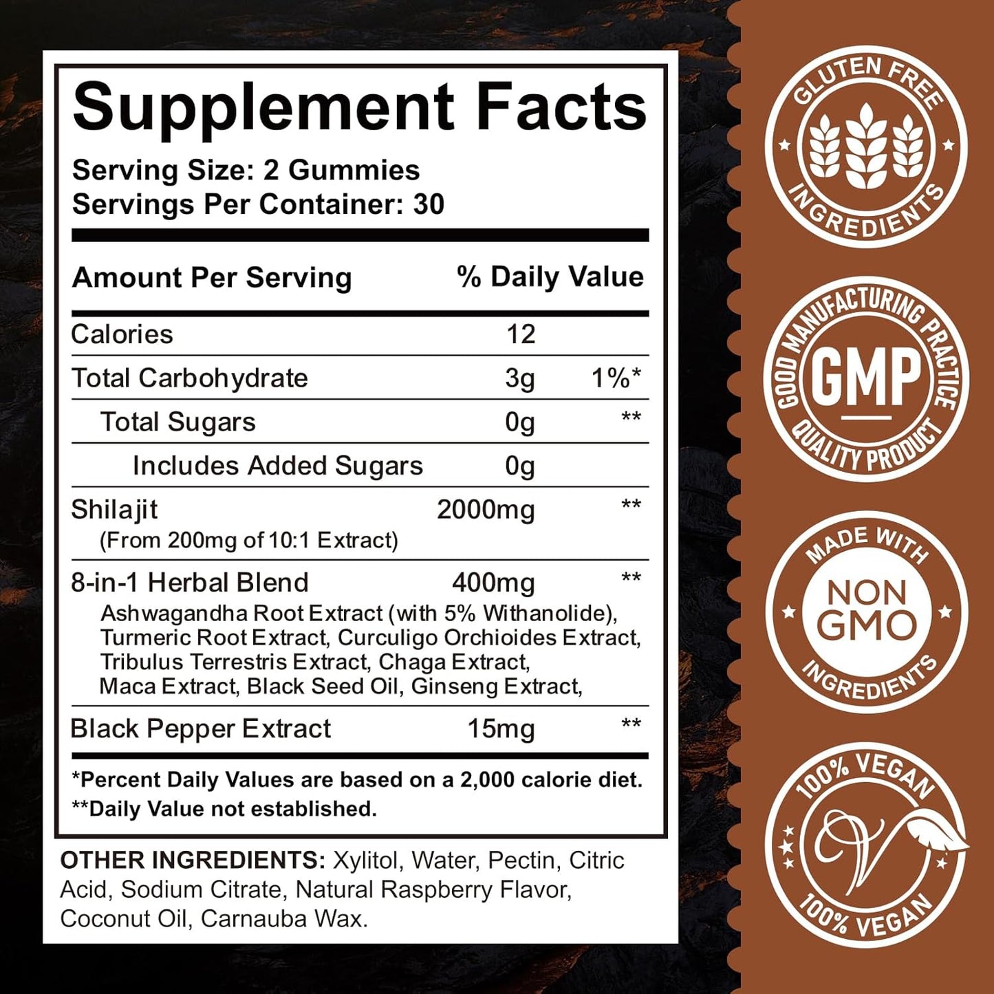 2000mg Organic Shilajit Gummies with 85+ Trace Minerals - Ashwagandha, Maca, Black Seed Oil - Energy, Brain, Immunity Support - Sugar Free Raspberry - 60ct