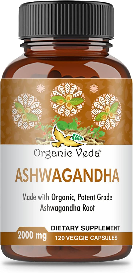 2000mg Organic Veda Ashwagandha Capsules with Black Pepper Extract - Boost Energy, Immunity, Mood - 120 Count Vegan Supplement