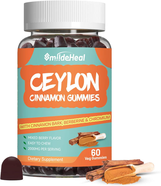 2000MG Sugar Free Ceylon Cinnamon Gummies with Chromium and Cinnamon Bark - Vegan and Gluten Free Supplement with 60 Gummies