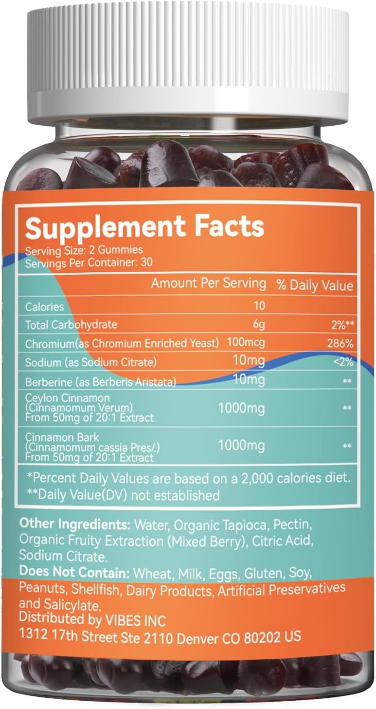 2000MG Sugar Free Ceylon Cinnamon Gummies with Chromium and Cinnamon Bark - Vegan and Gluten Free Supplement with 60 Gummies