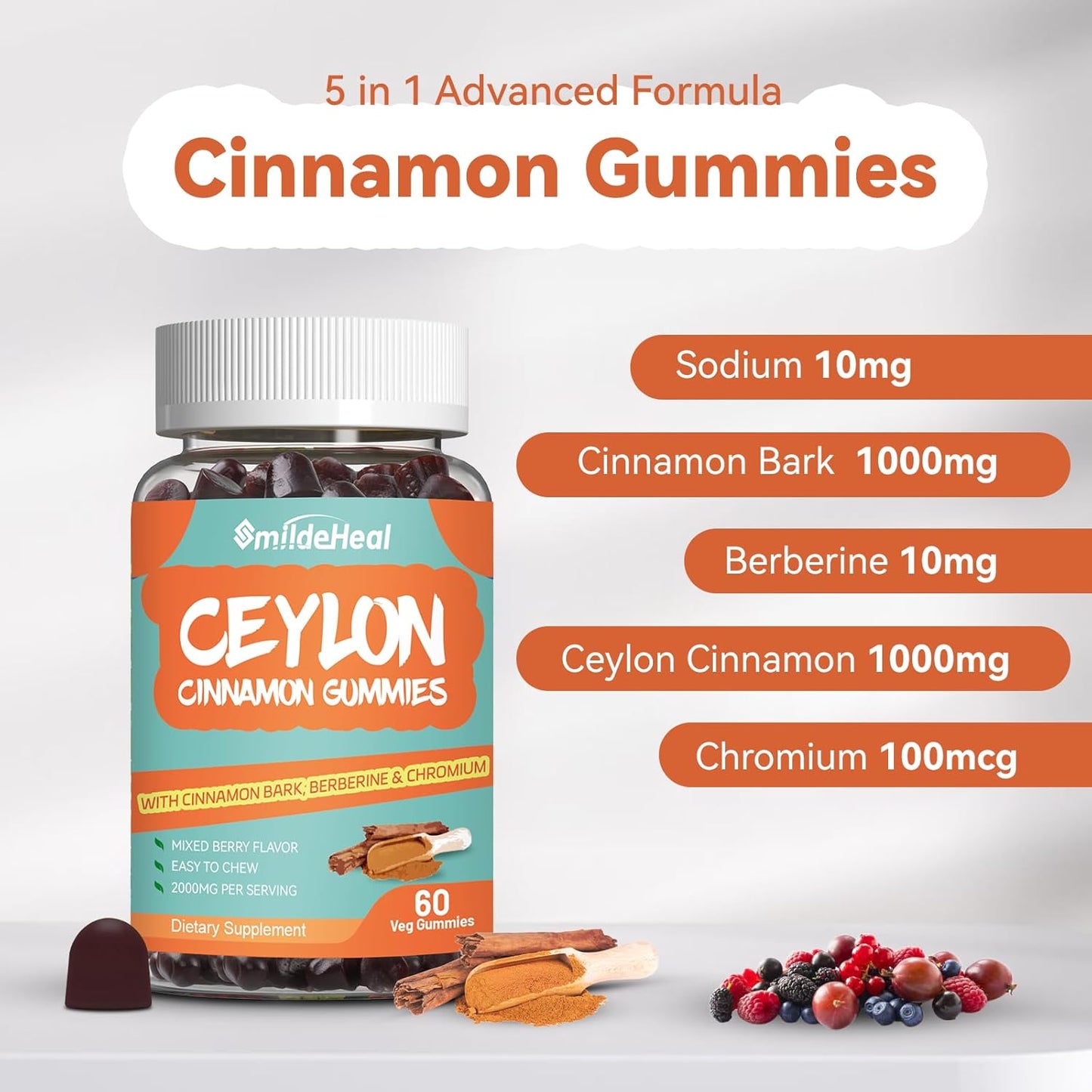 2000MG Sugar Free Ceylon Cinnamon Gummies with Chromium and Cinnamon Bark - Vegan and Gluten Free Supplement with 60 Gummies