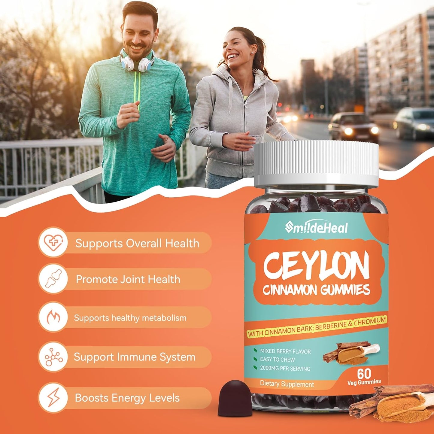 2000MG Sugar Free Ceylon Cinnamon Gummies with Chromium and Cinnamon Bark - Vegan and Gluten Free Supplement with 60 Gummies