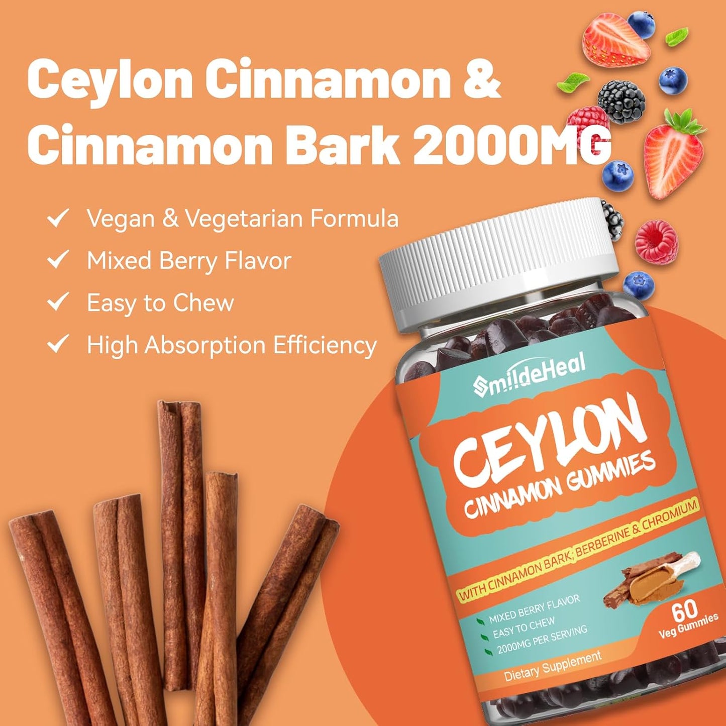 2000MG Sugar Free Ceylon Cinnamon Gummies with Chromium and Cinnamon Bark - Vegan and Gluten Free Supplement with 60 Gummies