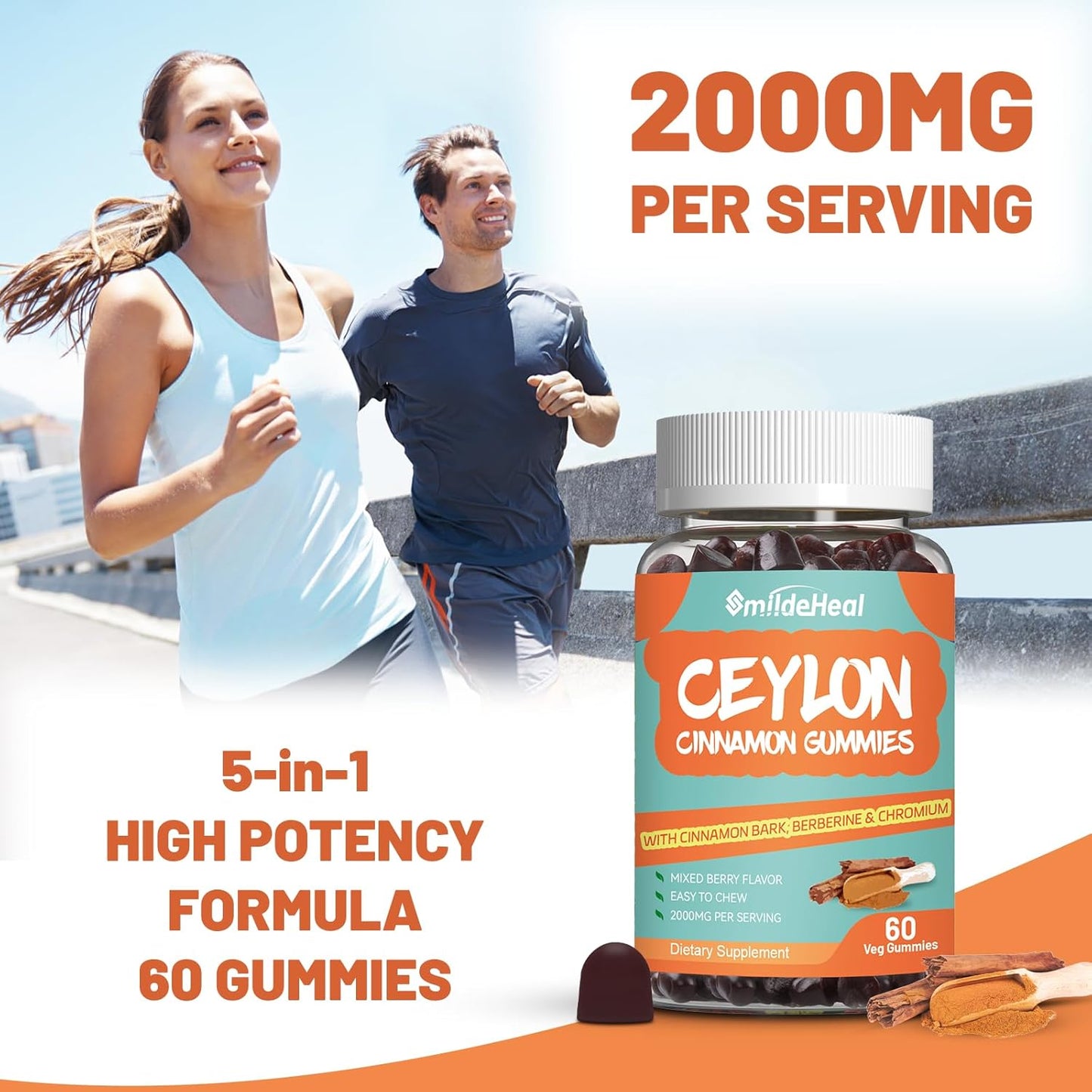 2000MG Sugar Free Ceylon Cinnamon Gummies with Chromium and Cinnamon Bark - Vegan and Gluten Free Supplement with 60 Gummies