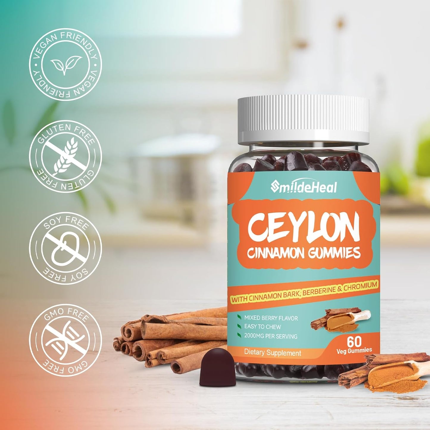 2000MG Sugar Free Ceylon Cinnamon Gummies with Chromium and Cinnamon Bark - Vegan and Gluten Free Supplement with 60 Gummies