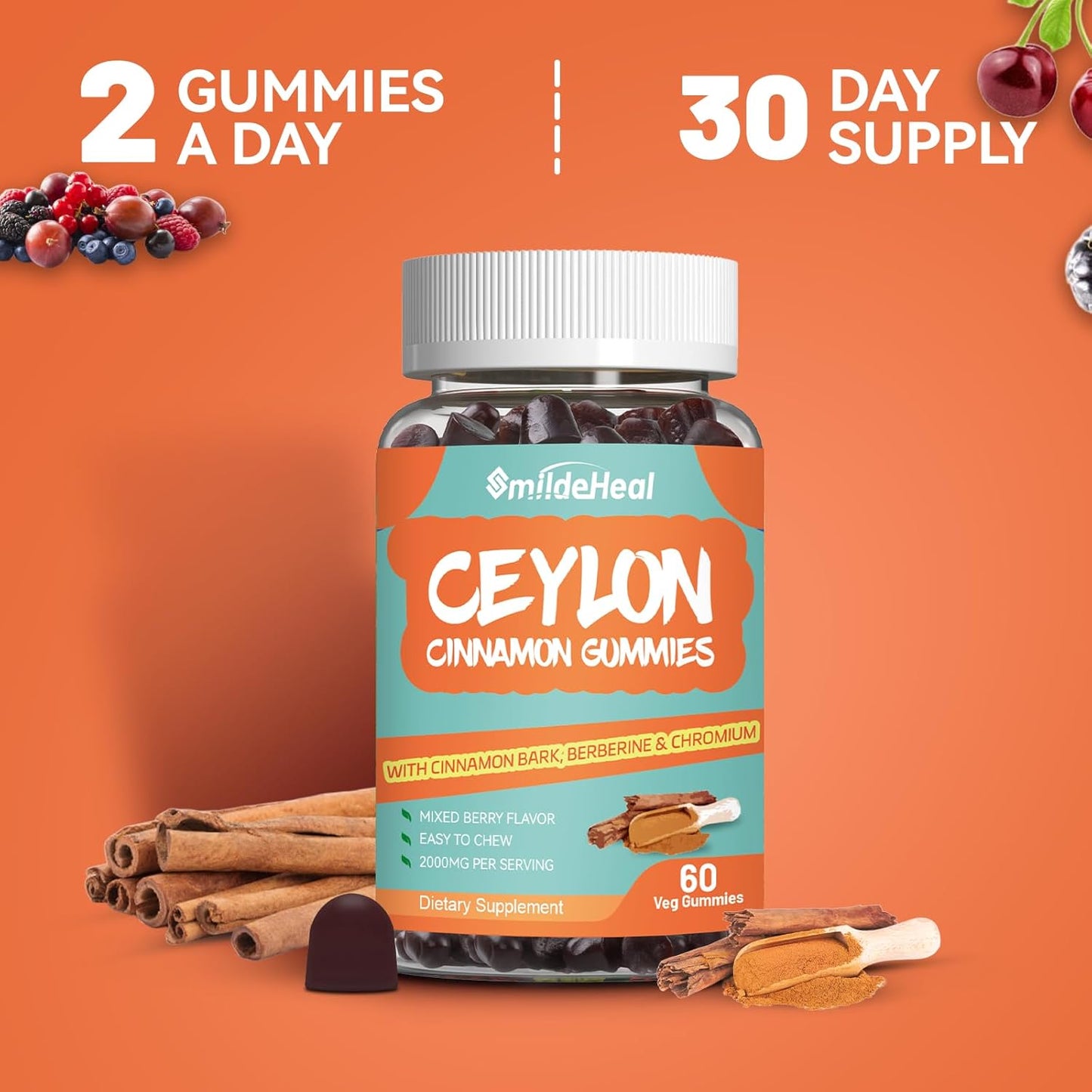 2000MG Sugar Free Ceylon Cinnamon Gummies with Chromium and Cinnamon Bark - Vegan and Gluten Free Supplement with 60 Gummies