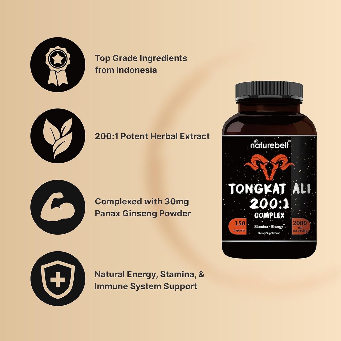 2000mg Tongkat Ali 200:1 Extract Capsules with Panax Ginseng for Energy & Stamina - 150ct by NatureBell