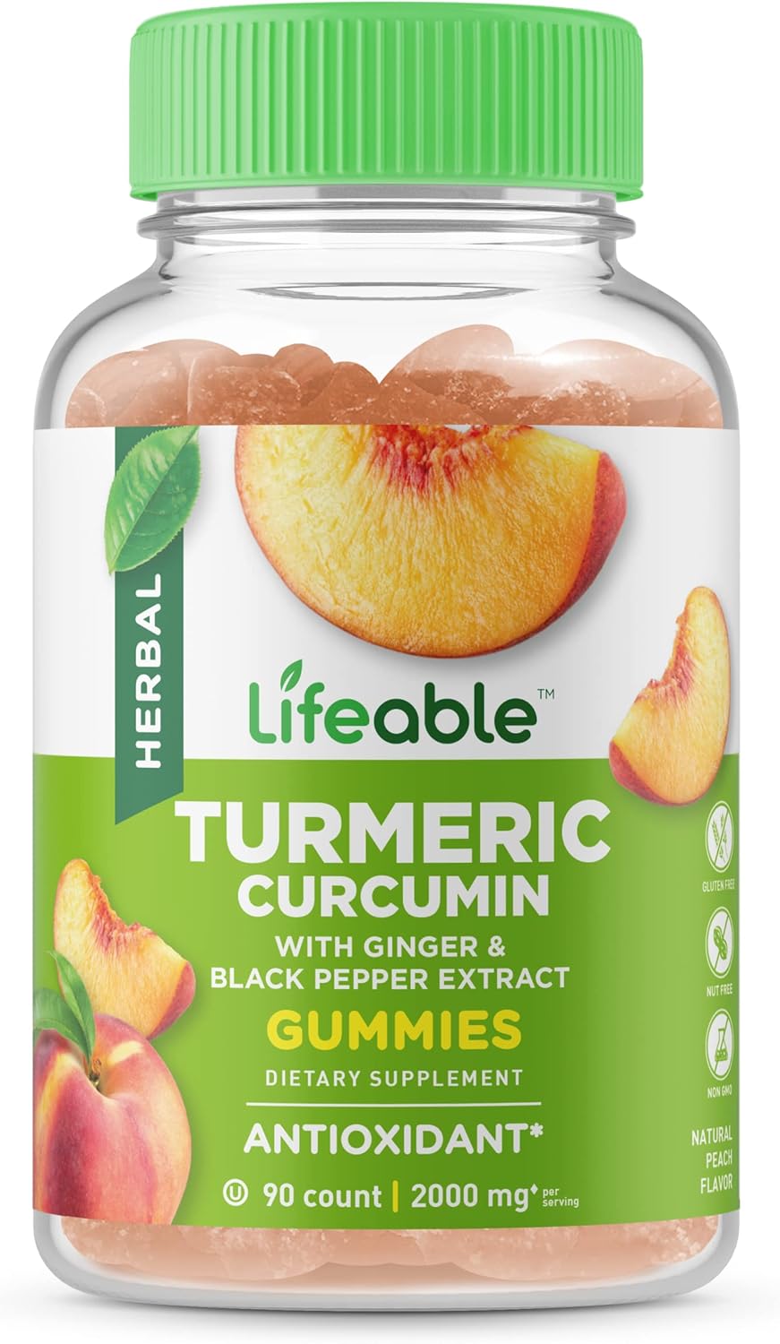 2000mg Turmeric Curcumin Gummy with Ginger & Black Pepper - Vegetarian Supplement - 90 Gummies