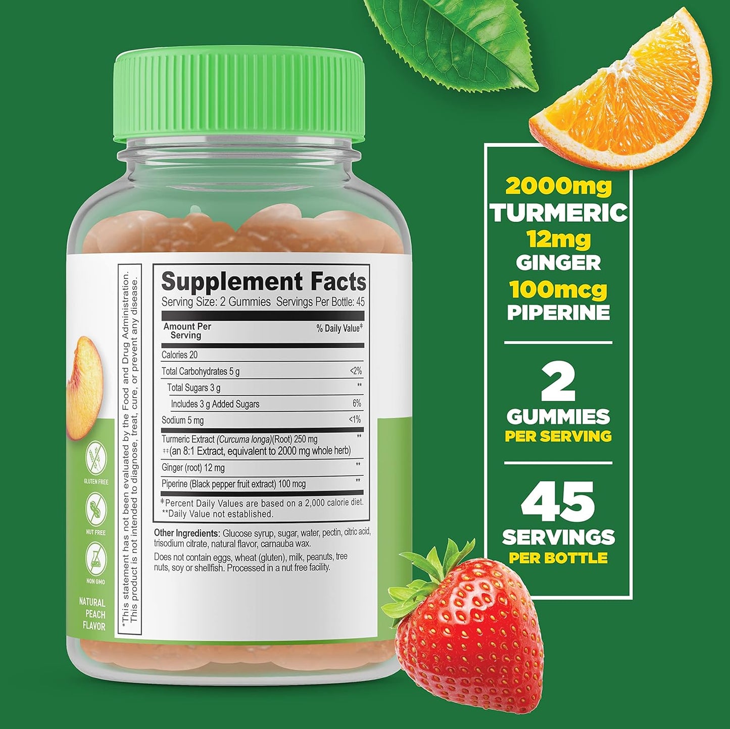 2000mg Turmeric Curcumin Gummy with Ginger & Black Pepper - Vegetarian Supplement - 90 Gummies