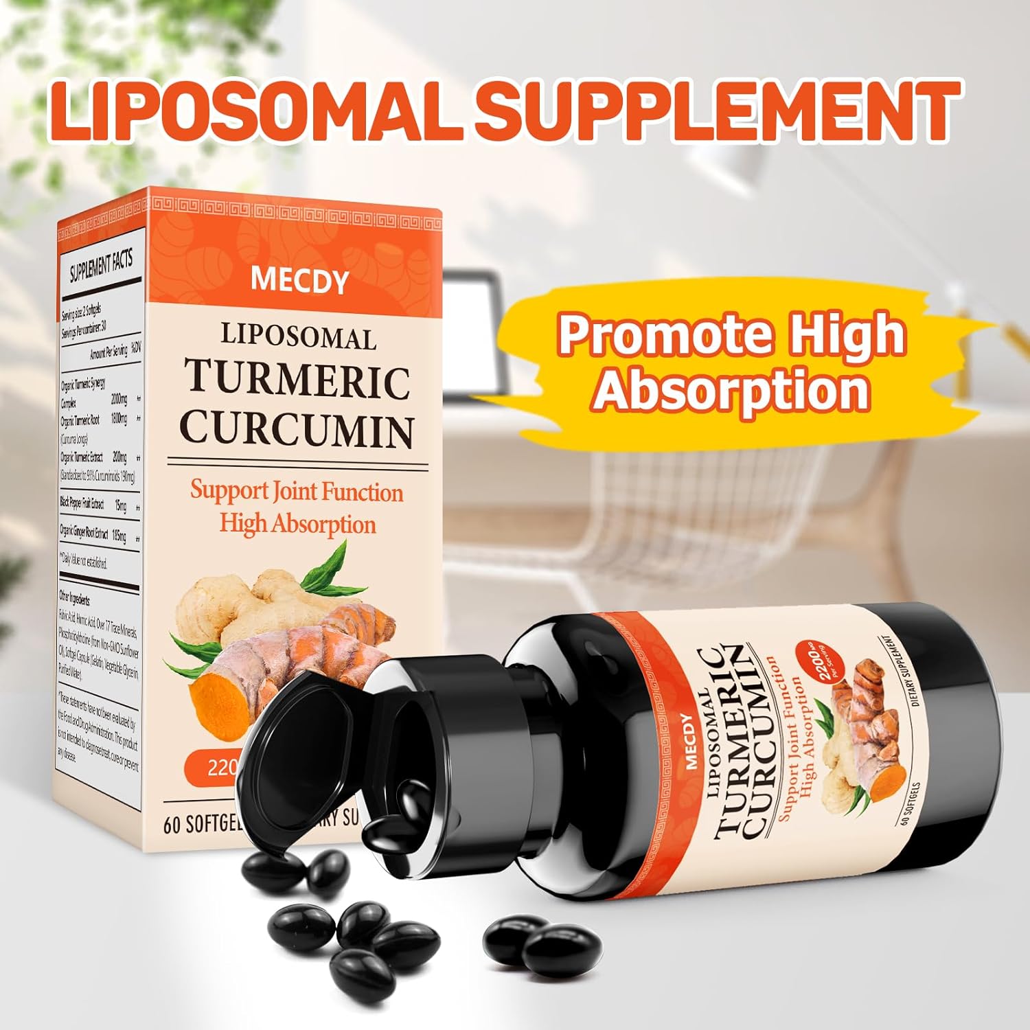 2000mg Turmeric Supplement with Black Pepper for Joint Support - High Absorption, Non-GMO, Vegan - 60 Softgels