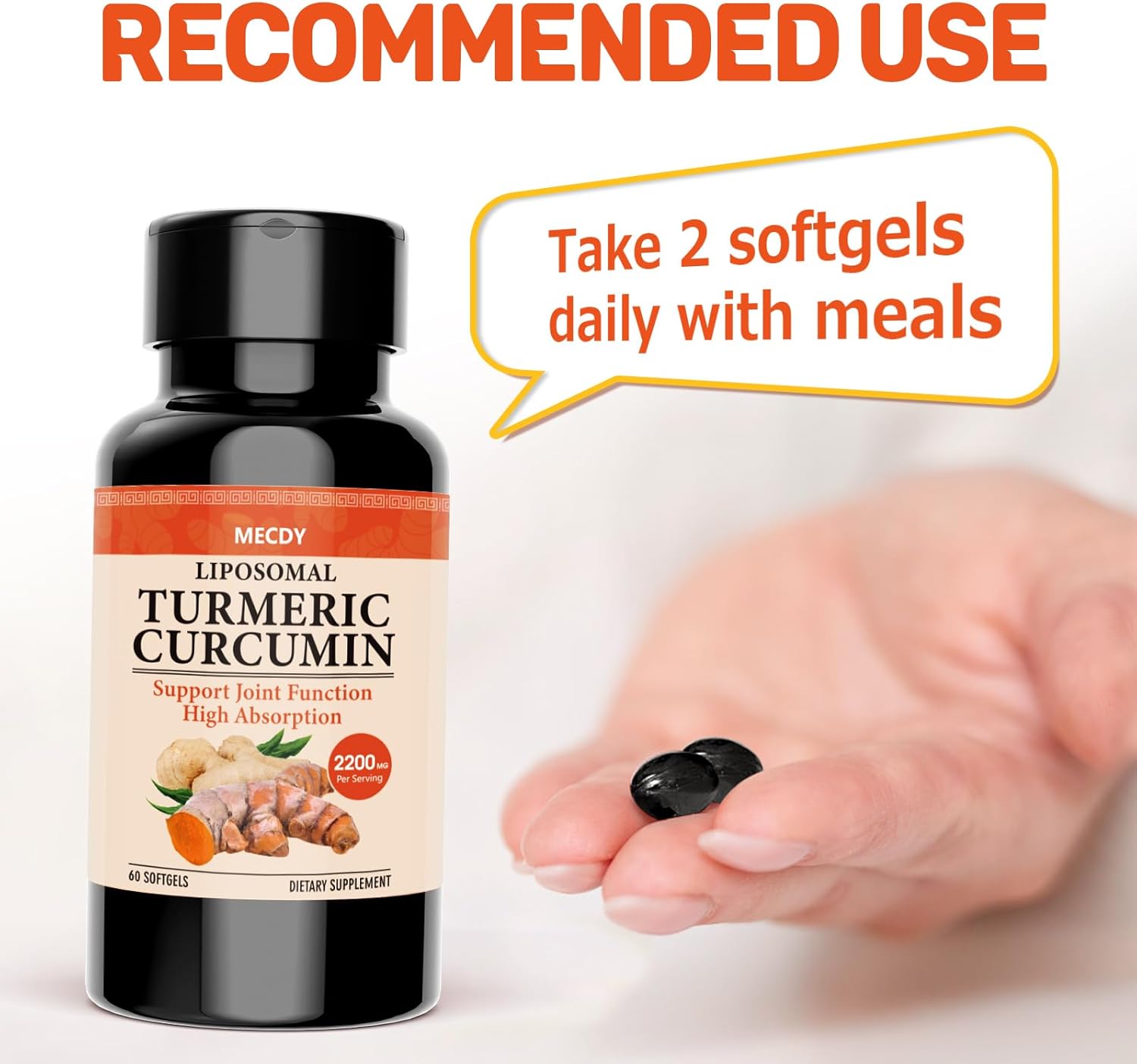 2000mg Turmeric Supplement with Black Pepper for Joint Support - High Absorption, Non-GMO, Vegan - 60 Softgels