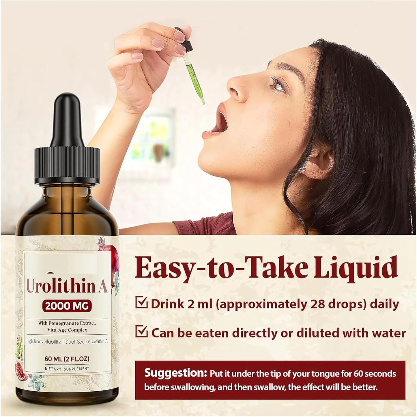 2000MG Urolithin A GLP-1 Liquid Drops for Colon Cleanser Support - Pomegranate Extract Supplement 60ML