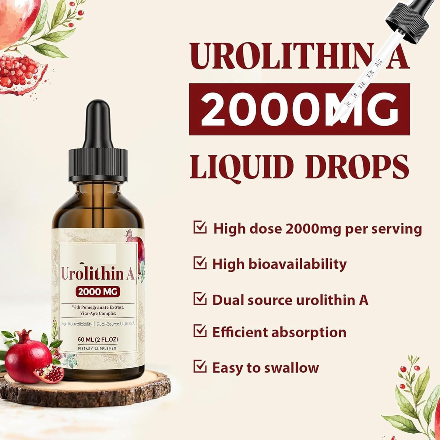 2000MG Urolithin A GLP-1 Liquid Drops for Colon Cleanser Support - Pomegranate Extract Supplement 60ML