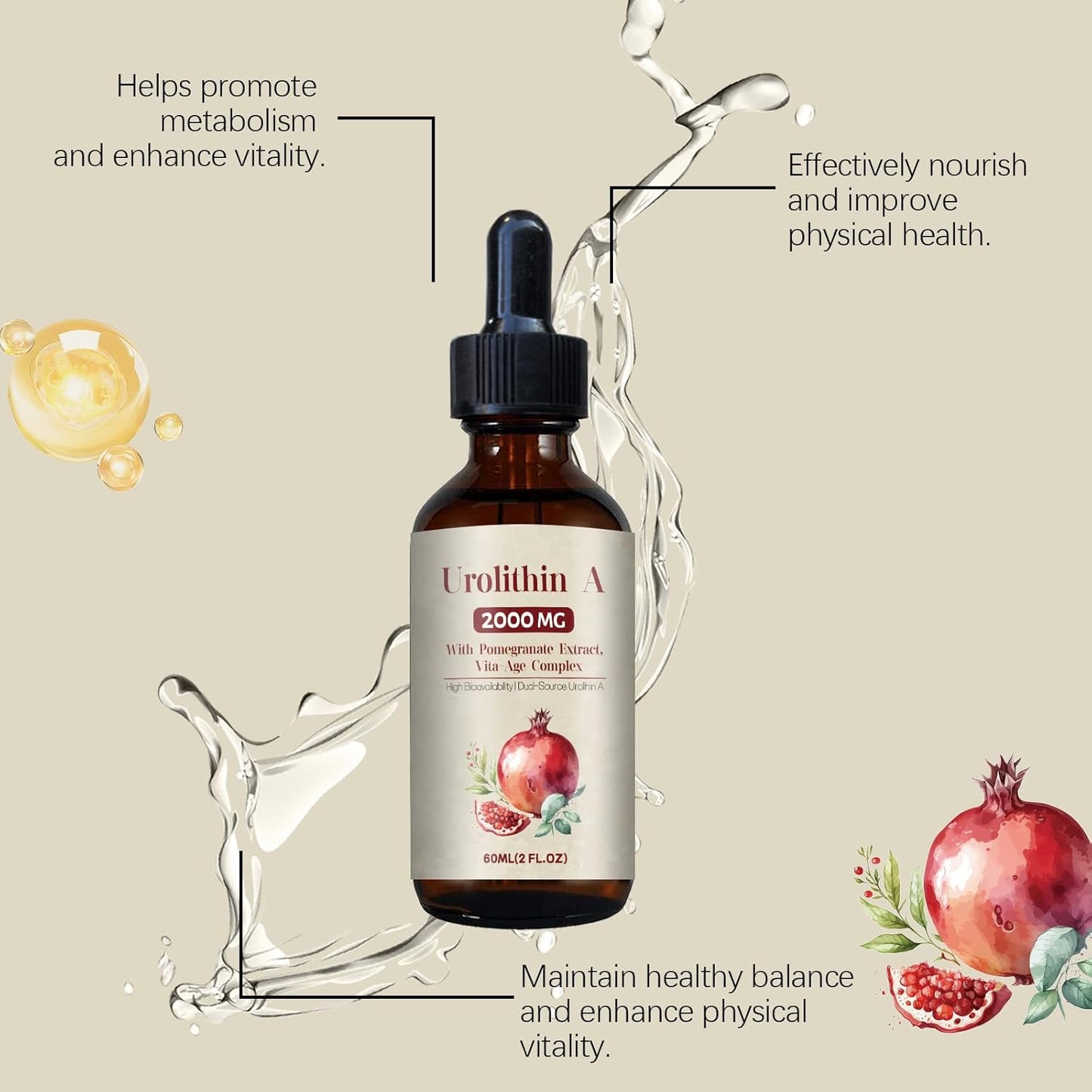 2000MG Urolithin A GLP-1 Liquid Drops for Colon Cleanser Support - Pomegranate Extract Supplement 60ML